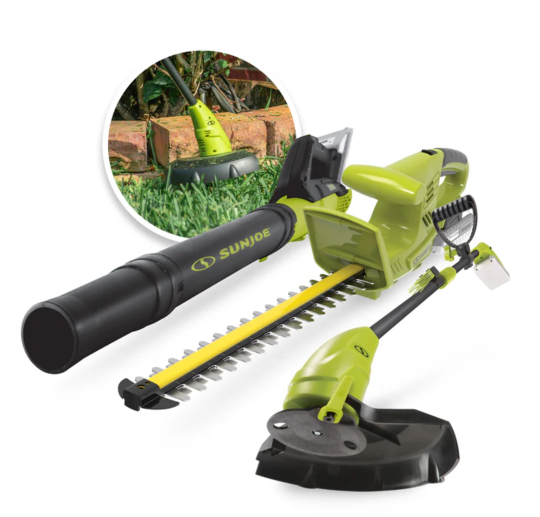 Restored Sun Joe 24V-GT4MAX-LTE Outdoor Tool Combo | 24V Cordless Leaf Blower, Grass & Hedge Trimmer Kit | With Batteries and Charger (Refurbished)