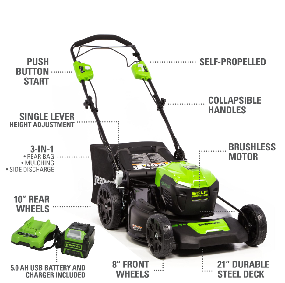 Restored Greenworks LMF414 | Brushless Cordless Self-Propelled Lawn Mower | 40V | 21" | 5.0Ah Battery &Charger Included (Refurbished)