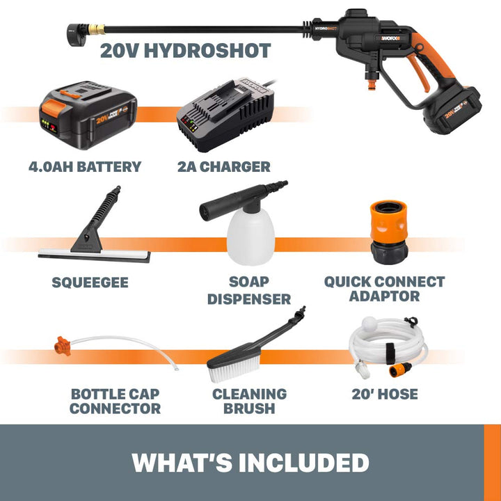 Restored Scratch and Dent Worx Hydroshot 20V Power Share 4.0Ah 320 PSI Cordless Portable Power Cleaner w/Cleaning Accessories - WG620.1 (Battery & Charger Included) (Refurbished)