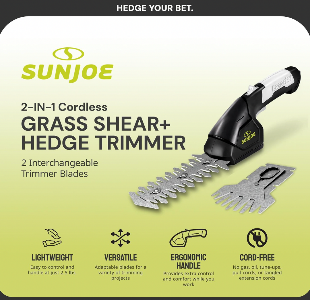Sun Joe HJ604C 7.2-Volt 2-in-1 1250-RPM Cordless Grass Shear / Shrubber Handheld Trimmer, Rechargeable On-board Lithium-Ion Battery and Charger Included | Used Like New