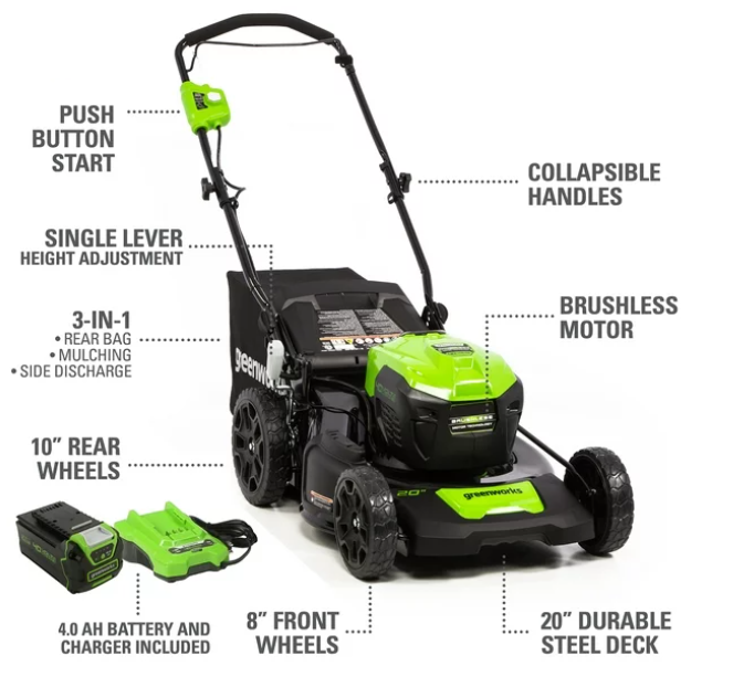 Restored Scratch and Dent Greenworks Brushless Push Lawn Mower | 40V | 20" | With 4.0 Ah Battery & Quick Charger | 2516302VT (Refurbished)