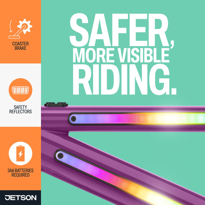 Jetson Light Rider Kids’ Light-up Unisex Bike | 3 Light Modes | Adjustable | 12" Rubber Tires | Training Wheels | Purple | JLRG12-PUR | In-Store Exclusive