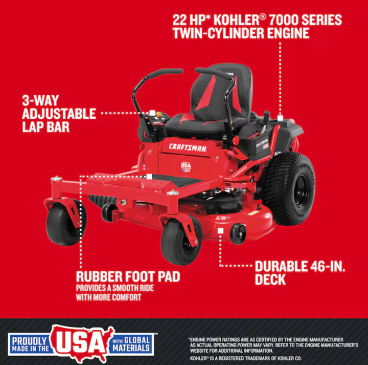 CRAFTSMAN Z5400 | 46in 22HP Zero-Turn Riding Mower | 22 HP Kohler Engine | Hydrostatic Transmission | High-Back Seat (17ARFACT093)