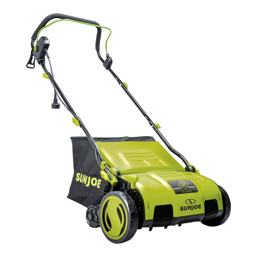 Restored Sun Joe AJ805E Electric Dethatcher & Scarifier | 15in. | 13-Amp | 5 Height Adjustments | Removable 13.2-Gal Collection Bag (Refurbished)