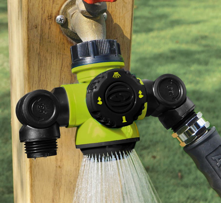 Restored Aqua Joe SJI-MFGA2 Multi-Function Outdoor Faucet and Dual Garden Hose Tap Connecter (Refurbished)