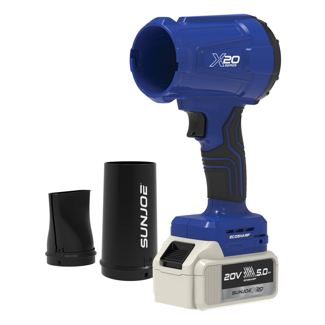 Restored Sun Joe 20-Volt Cordless X20 Handheld Turbo Blower | 2 Nozzles | 5.0-Ah Battery + Charger (Refurbished)