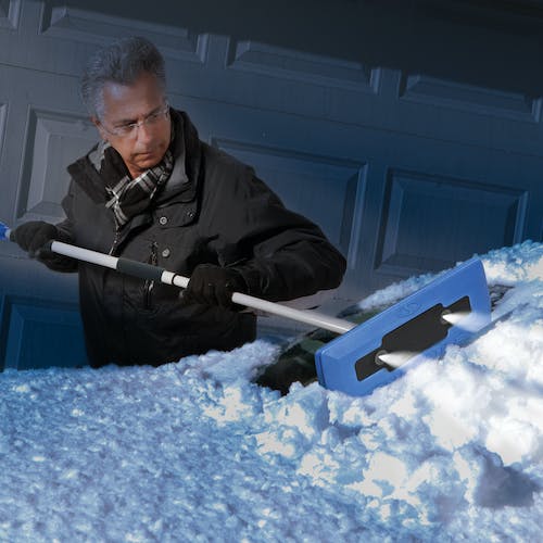 Snow Joe SJBLZD-LED | 4-In-1 Telescoping Snow Broom + Ice Scraper | 18-Inch Foam Head | Headlights (Open Box)