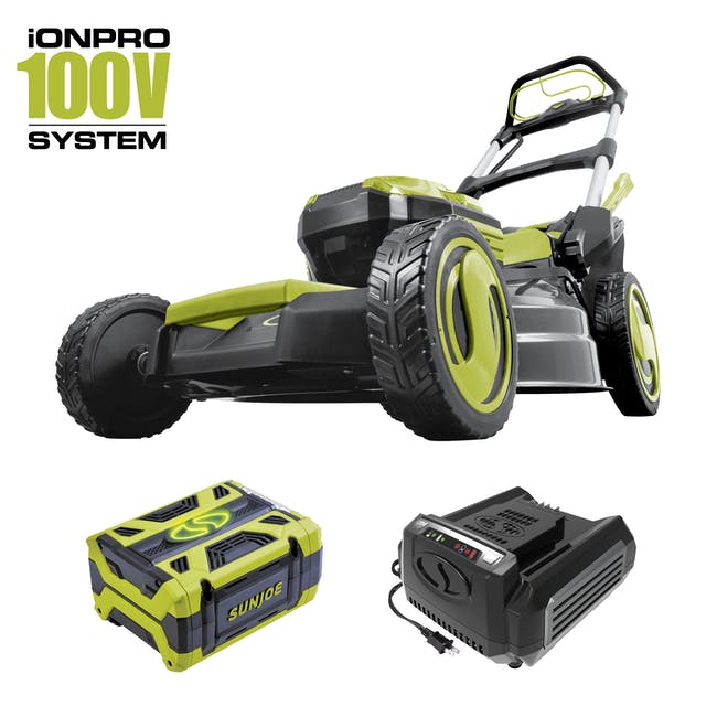 Restored Sun Joe iON100V-21LM 100-Volt iONPRO Cordless Self Propelled Lawn Mower Kit | 21-Inch | W/ 5.0-Ah Battery and Charger [Remanufactured]