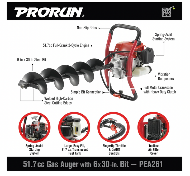 PRORUN PEA261 | 51.7cc One Person Gas-Powered Auger | 2-Cycle | With 6 x 30-in. Bit | In-Store Exclusive