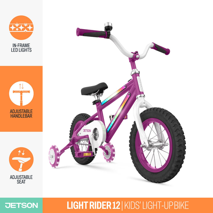 Jetson Light Rider Kids’ Light-up Unisex Bike | 3 Light Modes | Adjustable | 12" Rubber Tires | Training Wheels | Purple | JLRG12-PUR