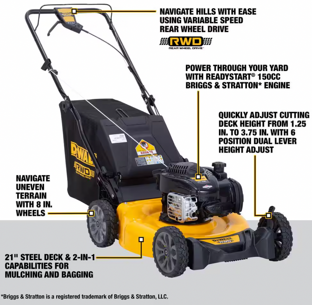 Dewalt 12A-01T9739 | 2-in-1 Self Propelled Gas Lawn Mower | 21 in. | 150cc Briggs and Stratton Engine | Rear Wheel Drive (Refurbished)
