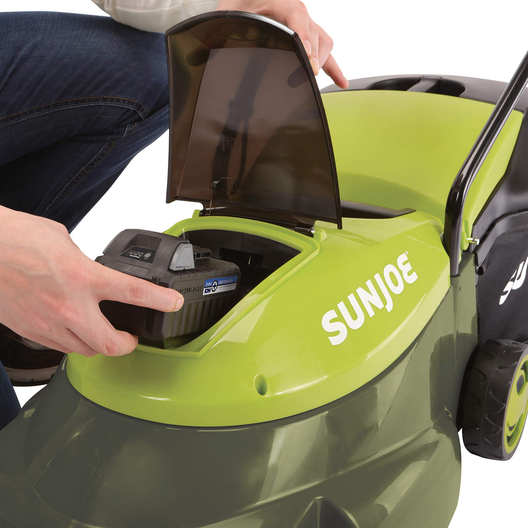 Restored Sun Joe MJ24C-14-XR | 24-Volt iON+ Cordless Brushless Lawn Mower Kit | 14-Inch | W/ 5.0-Ah Battery and Charger (Refurbished)