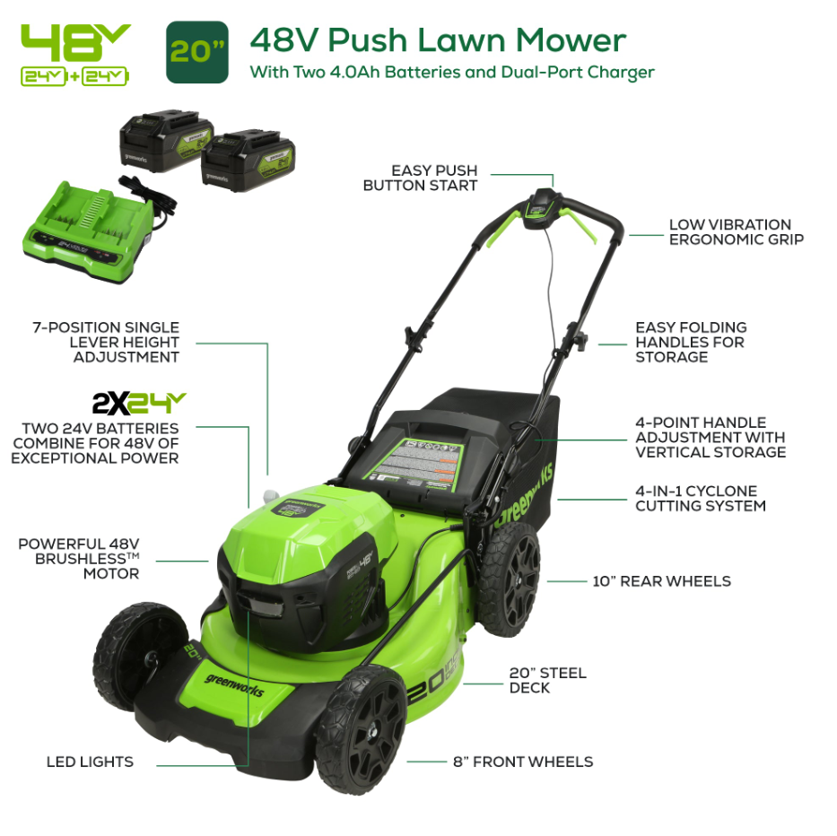 Restored Greenworks LME454 | Cordless Battery Push Mower | 48V | (2x24V) | Two (2) 4.0Ah USB Batteries | Dual Port Rapid Charger (Refurbished)