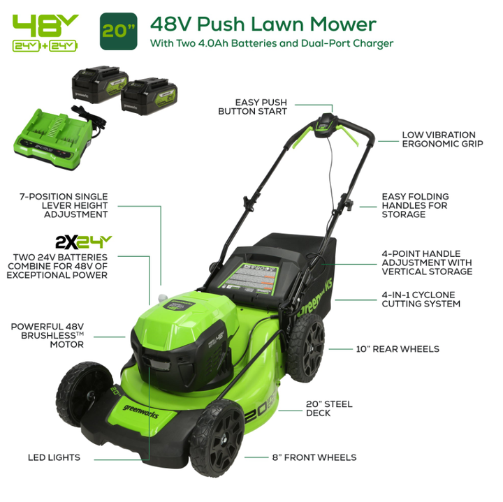 Restored Scratch and Dent Greenworks LME454 | Cordless Battery Push Mower | 48V | (2x24V) | Two (2) 4.0Ah USB Batteries | Dual Port Rapid Charger (Refurbished)
