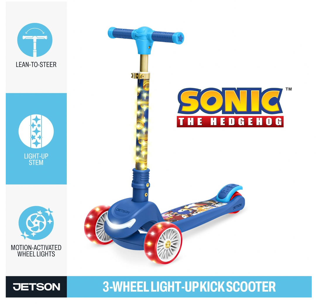 Jetson Sonic Three-Wheel Light Up Kick Scooter | Light Up Stem & Wheels | Height Adjustable | Rear Brake | Foldable | Ages 3+ | JSONC-3KIK