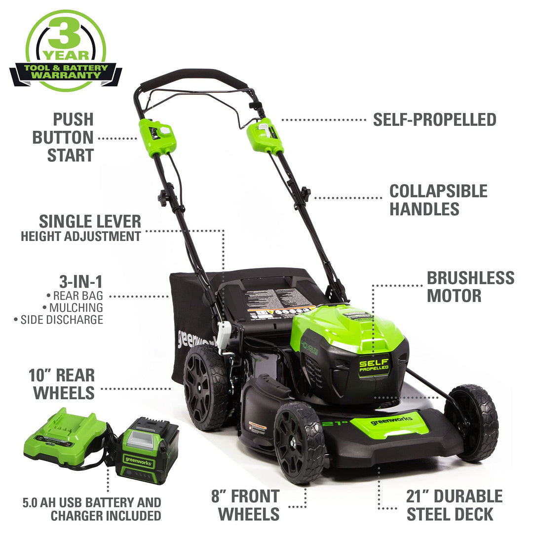 Restored Greenworks LMF414 | Brushless Cordless Self-Propelled Lawn Mower | 40V | 21" | 5.0Ah Battery &Charger Included (Refurbished)