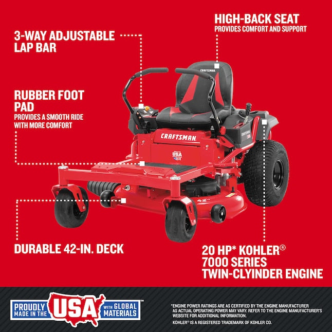 CRAFTSMAN Z5200 | 42 in Gas Zero-Turn Riding Lawn Mower | 20HP Kohler 7000 Twin-Cylinder Engine | High Back Seat (17RRFACS093)