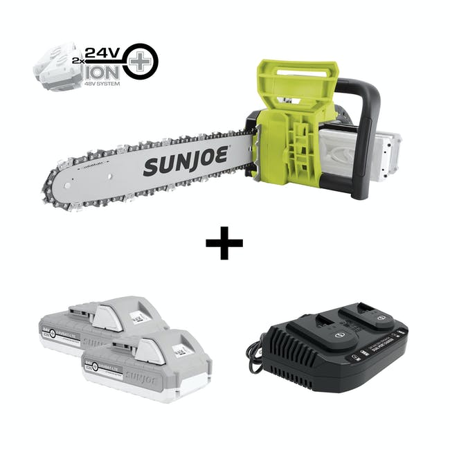 Restored Sun Joe 24V-X2-CS16 | 48-Volt | iON+ Cordless Chain Saw | 16-Inch | W/ 2 x 2.0-Ah Batteries & Charger (Refurbished)