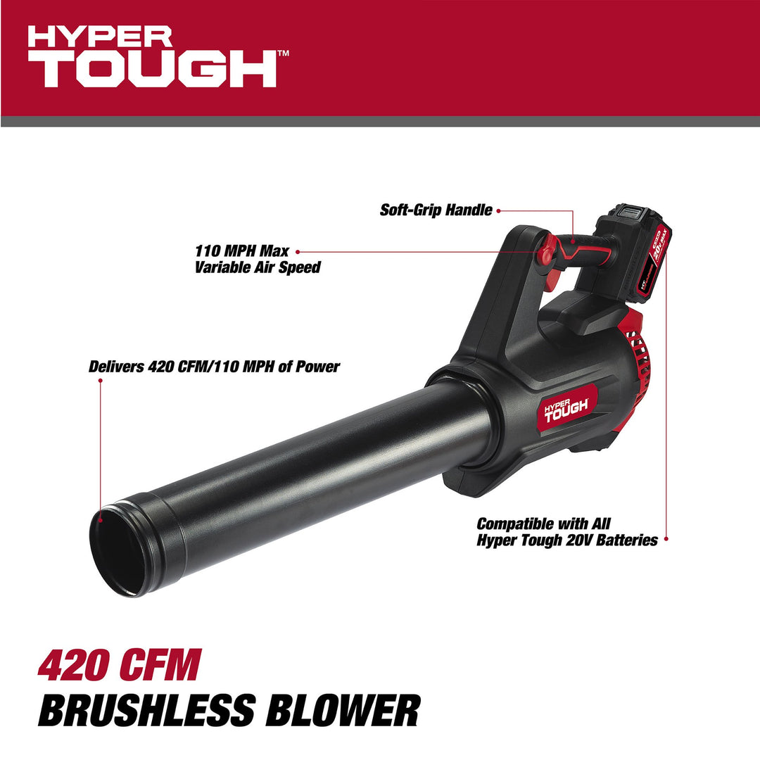 Restored Scratch and Dent Hyper Tough Brushless Handheld Battery Blower | 20V Max | 110 MPH | 420 CFM  | 4.0Ah | HT22-401-03-01 (Refurbished)