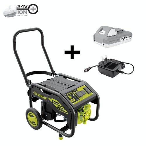 Restored Scratch and Dent Sun Joe SJG4100LP | Portable Propane Generator | Push-Button Electric + Recoil Start | Power Cooling | 4100 Starting Watt | 3300 Running Watt | Battery+Charger (Refurbished)