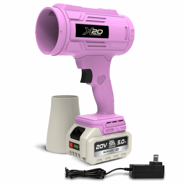 Sun Joe GO-SRMJET-5A-PNK | 20V Cordless X20 StormJet Handheld Turbo Blower | 40 CFM | 5.0Ah Battery + Charger (Pink) (Open Box) | In-Store Exclusive
