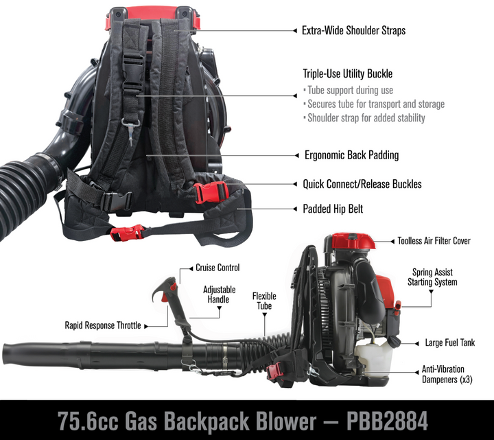 PRORUN PBB2884 75.6-cc 240-MPH Gas Backpack Leaf Blower | 2-cycle | 1020-CFM | In-Store Exclusive