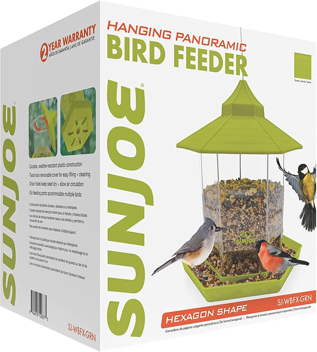 Restored Sun Joe SJ-WBFX-GRN Wild Bird Hanging Feeder, w/Roof and Hexagonal Shape, for Outdoor Garden & Yard Decoration, 2.15 Lbs Bird Seed & Nut Capacity (Refurbished)