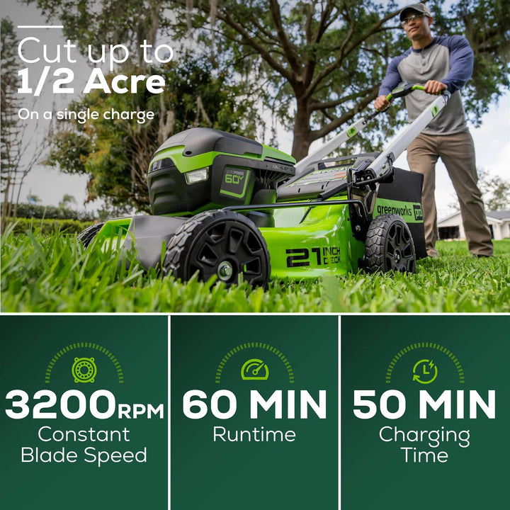 Restored Greenworks LMC421 | 60V 21” Cordless Push Lawn Mower | LED Lights + Aluminum Handles | 5.0Ah Battery & Rapid Charger (Refurbished)