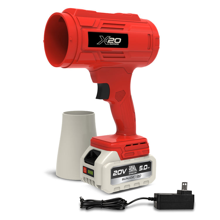 Restored Sun Joe GO-SRMJET-5A-RED | 20V Cordless X20 StormJet Handheld Turbo Blower | 40 CFM | 5.0Ah Battery + Charger (Red) (Refurbished)