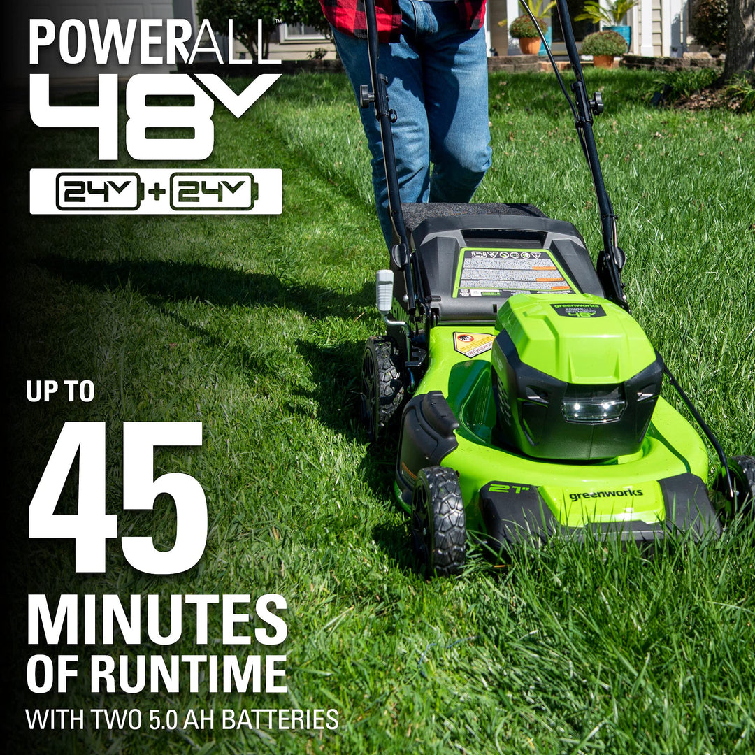 Restored Greenworks LME471 | 48V 21" Brushless Cordless Self-Propelled Lawn Mower | LED Headlight | (2) 5.0Ah Batteries & Dual Port Rapid Charger Included (Refurbished)