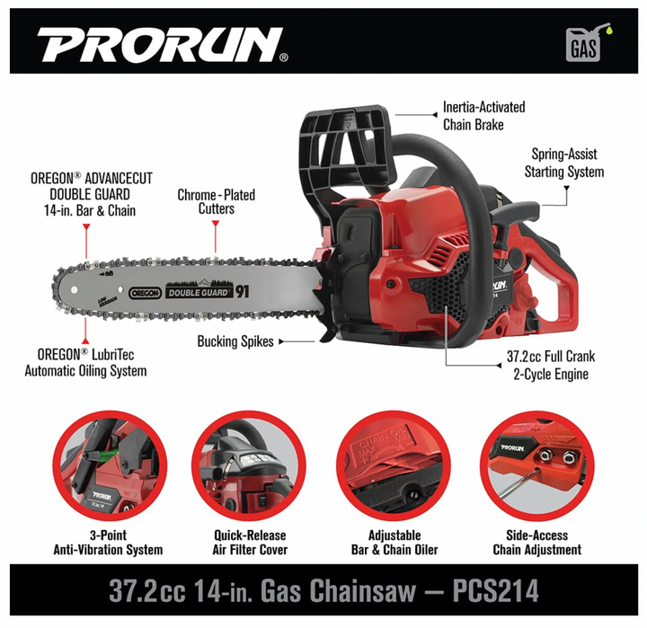 PRORUN PCS214 | 37.2cc 14-in. Gas-Powered 2-Cycle Chainsaw | In-Store Exclusive