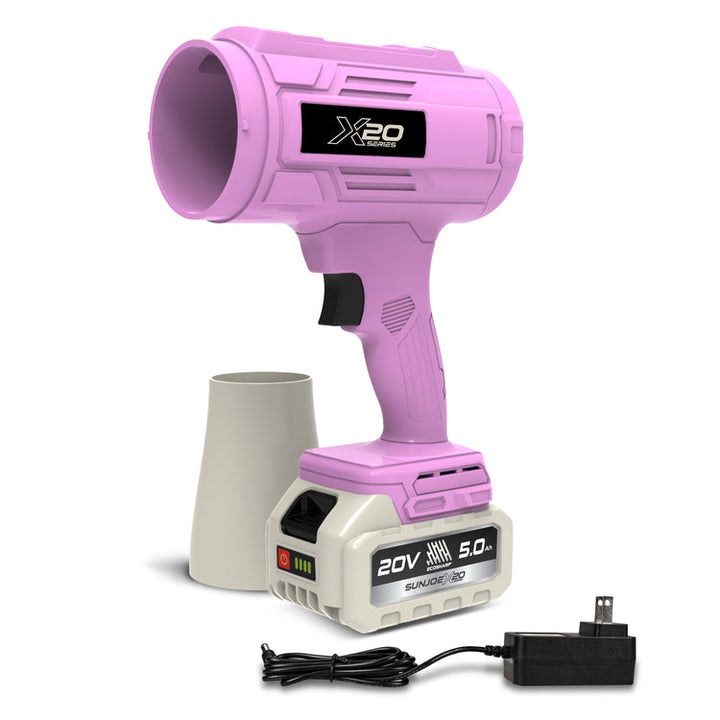 Restored Sun Joe 30,000-RPM 20V Cordless Handheld Turbo Blower | 40 CFM | 5.0Ah Battery + Charger (Pink) | GO-SRMJET-5A-PNK (Refurbished)