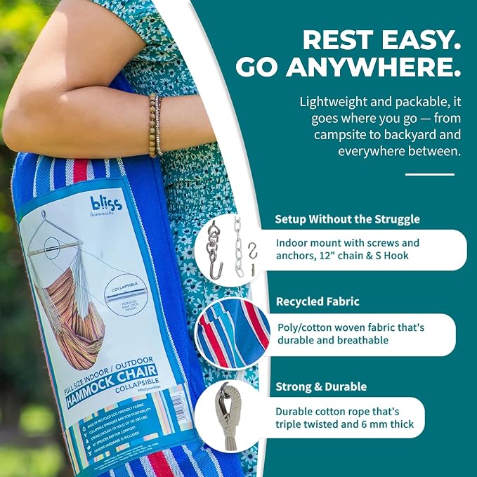 Bliss Hammocks WM-412F_2 | Hammock Chair with Collapsible Push-Pin Spreader Bar | Polyester | Multi Color Patriotic Stripe