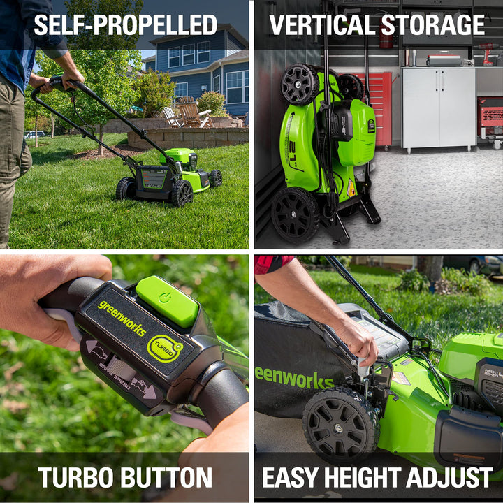 Restored Greenworks LME471 | 48V 21" Brushless Cordless Self-Propelled Lawn Mower | LED Headlight | (2) 5.0Ah Batteries & Dual Port Rapid Charger Included (Refurbished)