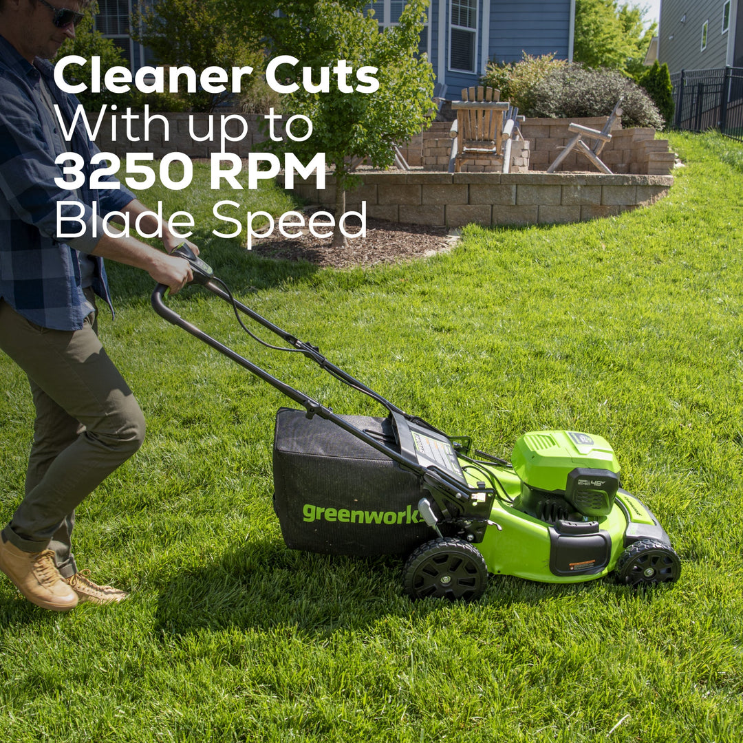 Restored Scratch and Dent Greenworks LME454 | Cordless Battery Push Mower | 48V | (2x24V) | Two (2) 4.0Ah USB Batteries | Dual Port Rapid Charger (Refurbished)