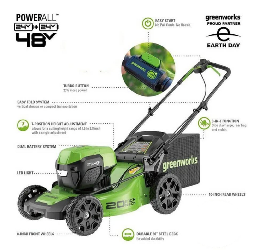 Restored Greenworks LME472 | 48V 20" Brushless Cordless Push Lawn Mower | LED Headlight | (2) 4.0Ah Batteries & Dual Port Rapid Charger Included (Refurbished)