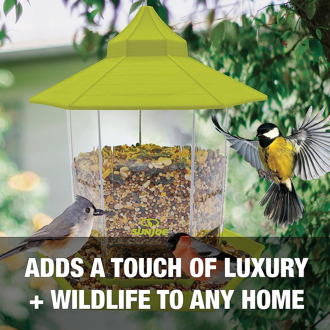 Restored Sun Joe SJ-WBFX-GRN Wild Bird Hanging Feeder, w/Roof and Hexagonal Shape, for Outdoor Garden & Yard Decoration, 2.15 Lbs Bird Seed & Nut Capacity (Refurbished)