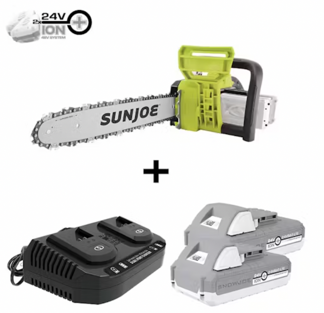 Restored Sun Joe 24V-X2-CS16-MAX | 48-Volt* IONMAX Cordless Chain Saw Kit | 16-Inch | Replacement Chain Included | W/ 2 x 2.0-Ah Batteries & Charger (Refurbished)