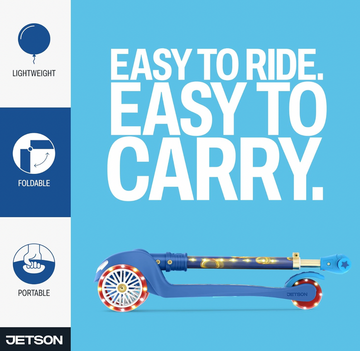 Jetson Sonic Three-Wheel Light Up Kick Scooter | Light Up Stem & Wheels | Height Adjustable | Rear Brake | Foldable | Ages 3+ | JSONC-3KIK