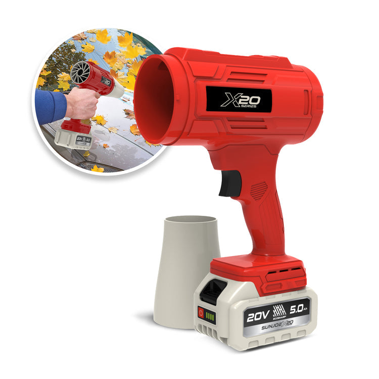 Restored Sun Joe GO-SRMJET-5A-RED | 20V Cordless X20 StormJet Handheld Turbo Blower | 40 CFM | 5.0Ah Battery + Charger (Red) (Refurbished)