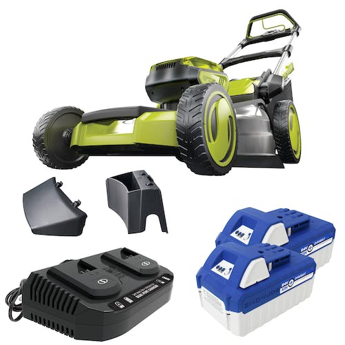 Restored Sun Joe 24V-X2-21LMSP 48-Volt iON+ Cordless Self Propelled Lawn Mower Kit, W/ 2 x 4.0-Ah Batteries, Dual Port Charger, and Collection Bag, 21-Inch, 7-Position (Refurbished)