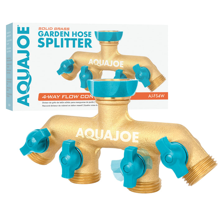 Restored Scratch and Dent Aqua Joe AJ-FS4W Solid Brass 4-Way Splitter, Swivel Faucet Connector, Individual On/Off Valves (Refurbished)