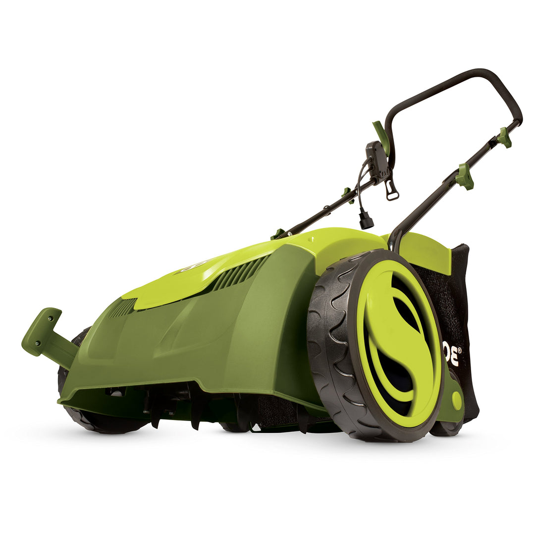 Restored Scratch and Dent Sun Joe AJ801E 13 in. 12 Amp Electric Scarifier + Lawn Dethatcher w/Collection Bag, Green [Remanufactured]