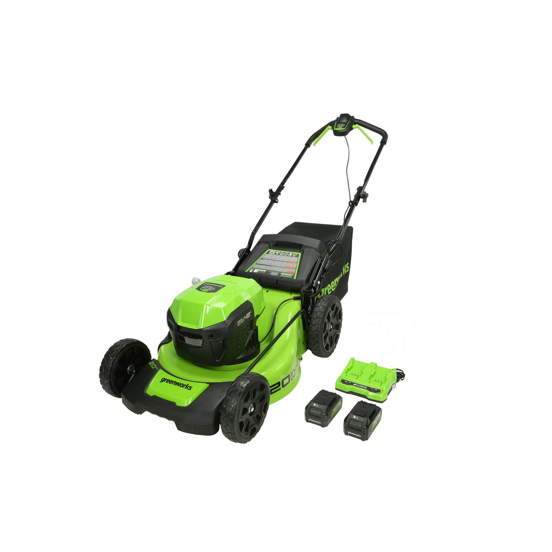 Restored Scratch and Dent Greenworks 48V 20" Brushless Battery-Powered Lawn Mower, Two (2) 4.0Ah USB Batteries and Charger (Refurbished)