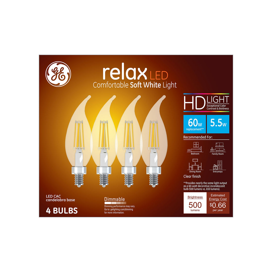 GE Lighting Relax HD LED Chandelier Light Bulbs, Bent Tip, 60W Replacement, 4-Pack, Clear Finish, Soft White, Dimmable, E12 LED Bulb