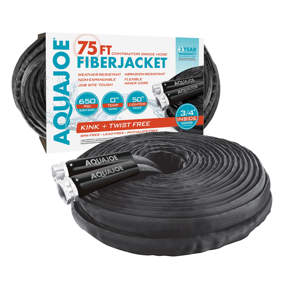 Restored Aqua Joe AJFJH75-34-CTR-BLK Kink-Free Contractor Grade FiberJacket Garden Hose, 3/4-in Max. Water Flow, 650-PSI Burst Rating, 75Ft, Black (Refurbished)