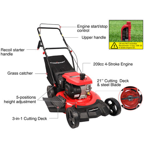 Restored PowerSmart 21'' 209cc Gas Push Lawn Mower Red DB2194PH (Refurbished)