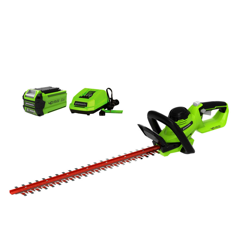 Restored Scratch and Dent Greenworks 40V 24-inch Hedge Trimmer with 2.5 Ah Battery and Quick Charger, 2207902 (Refurbished)
