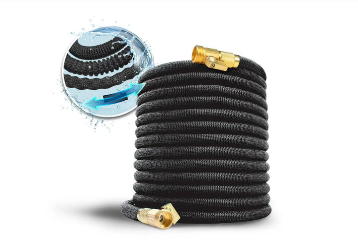 Restored Aqua Joe Kink-Free 100-Foot Expandable Garden Hoses W/ Heavy-Duty Brass Valve & Flow Control Shut-off, 5/8-inch (Black) (Refurbished)