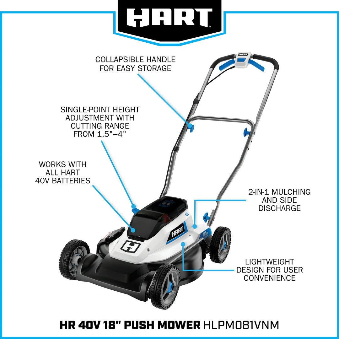 Restored Scratch and Dent HART 40-Volt Cordless 18-inch Push Mower Kit, (1) 6Ah Lithium-Ion Battery & Charger (Refurbished)